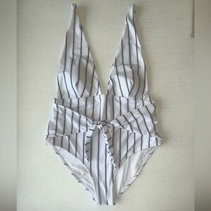 White with black and light grey striped One-Piece Swimsuit